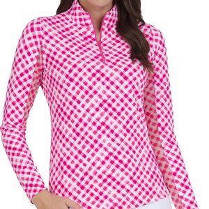 IKBUL Pink Gingham Check Print Long Sleeve Mock Neck Top  Sz M